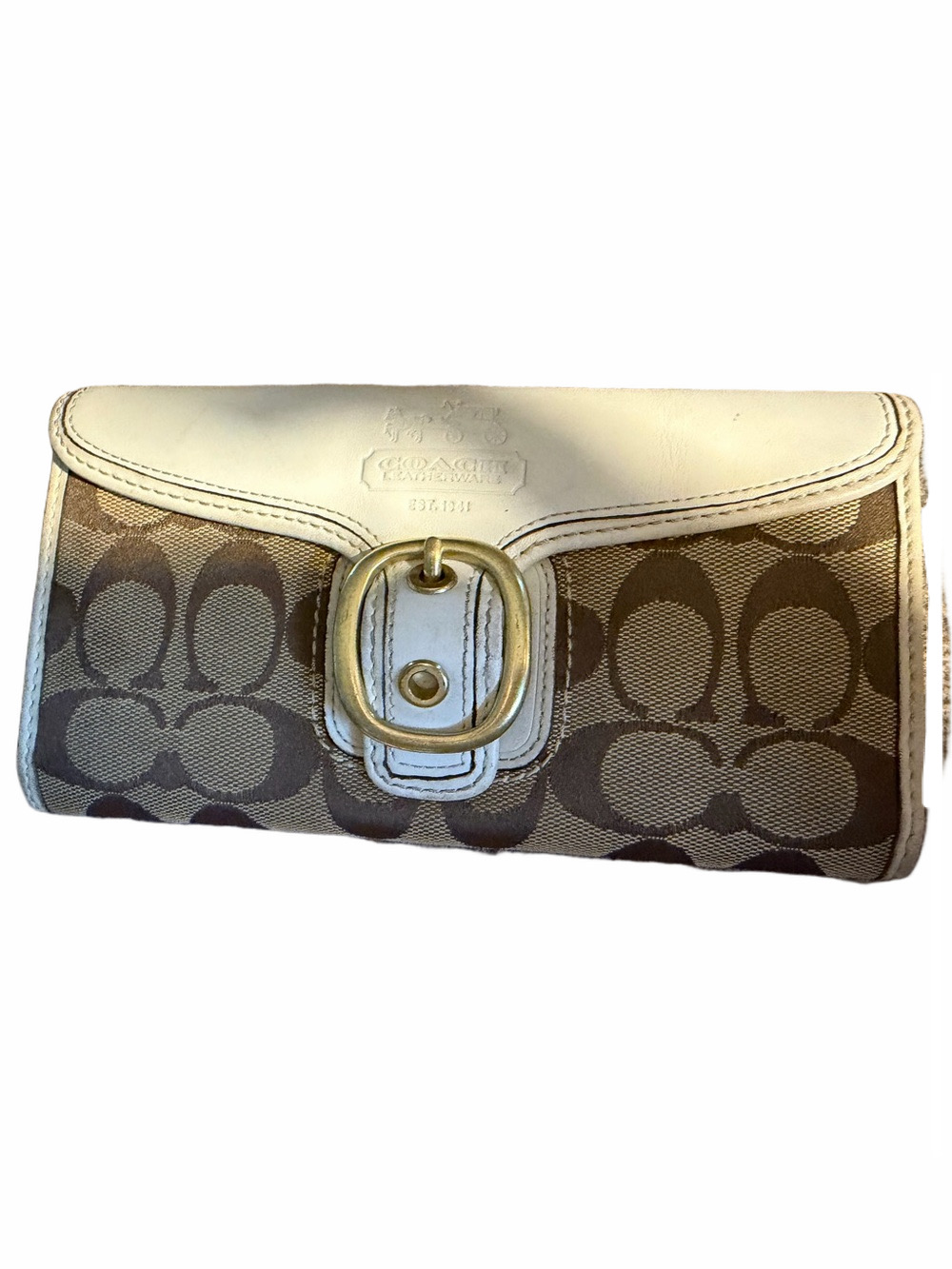 Coach Bleecker Tattersall Signature Canvas Buckle Wallet Blue White EUC